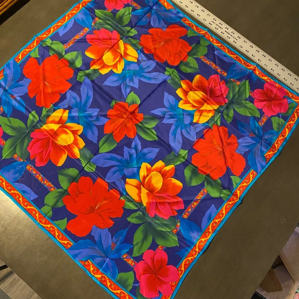 Vintage Tropical Floral Silk Scarf Large Square Hibiscus Navy Blue Red 34x34